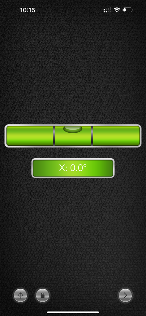 A digital horizontal bubble level tool on a textured dark background showing zero degrees