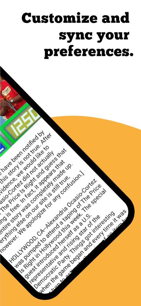 The Babylon Bee - A screenshot of The Babylon Bee app displaying text about customizing and syncing user preferences.