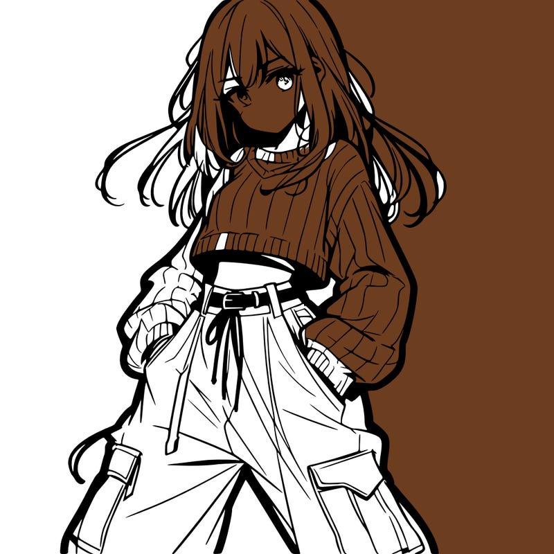 anime teen girl with baggy pants and crop top with sweater