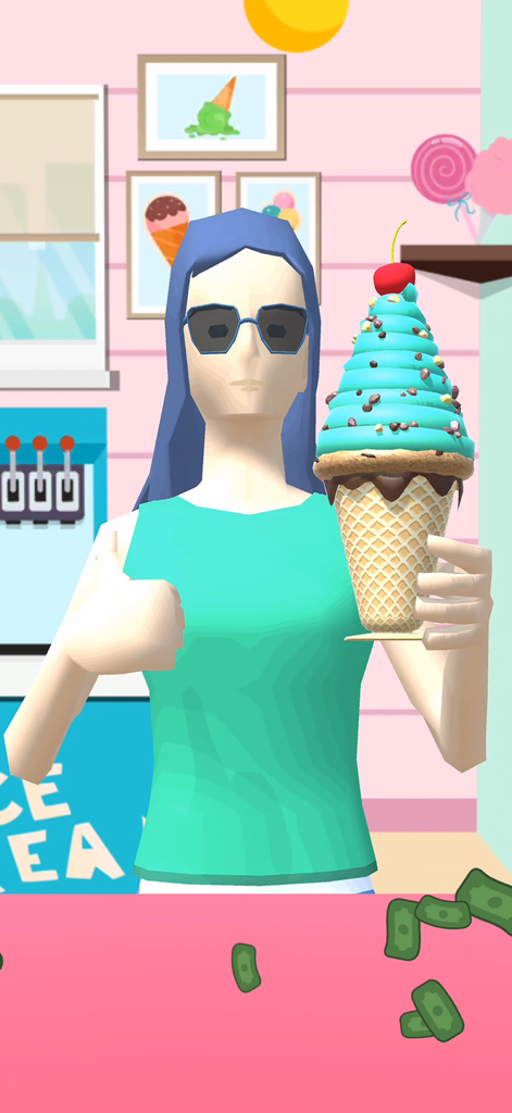 Ice Cream Inc. - A game character giving a thumbs up while holding a decorated blue ice cream cone in Ice Cream Inc.