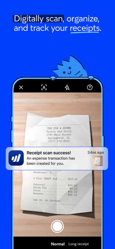 Wave app mobile interface showing a successful receipt scan for business expense tracking
