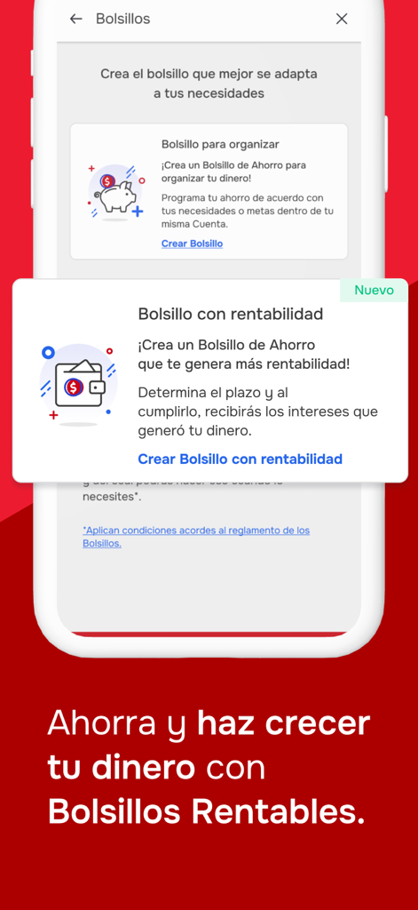 AV Villas App - Interface de l'application AV Villas présentant les options permettant de créer des poches d'épargne rentables.