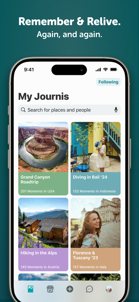 Journi Blog - Travel tracker - Smartphone screen showing the Journi app interface with a collection of personalized travel journals including photos of the Grand Canyon and Bali