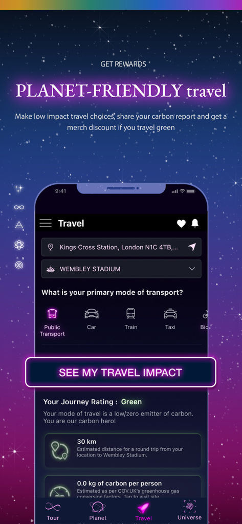 Coldplay app interface showing the planet friendly travel carbon calculator for concert attendees.