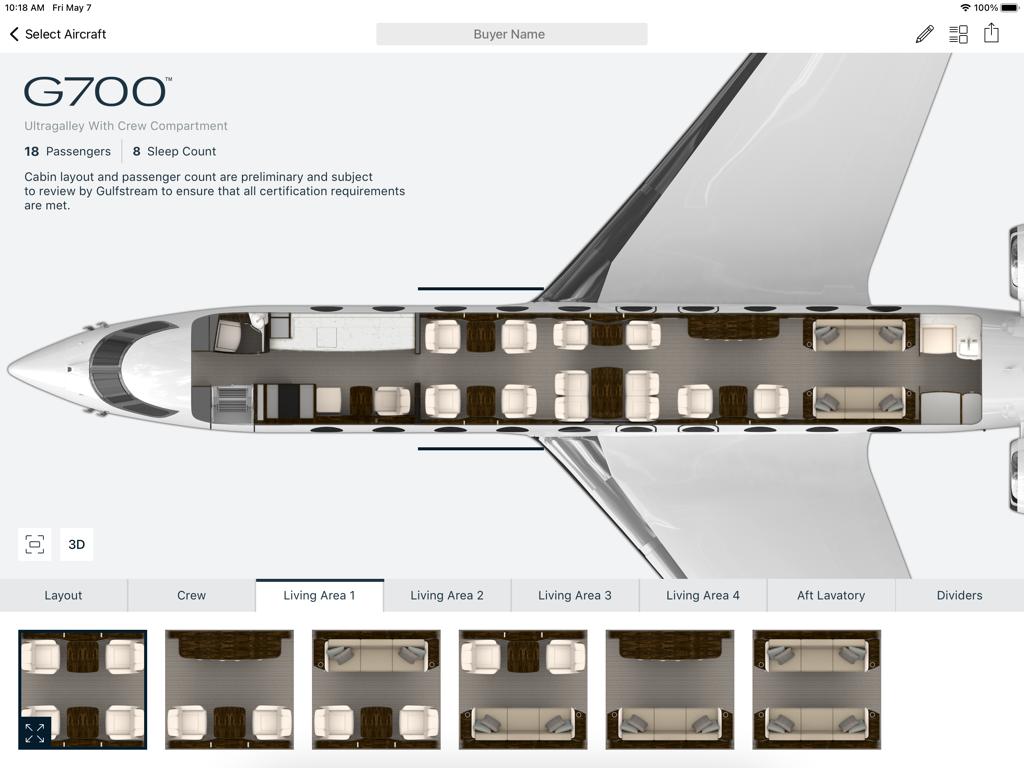 Gulfstream Cabin Layout - Interactive cabin floor plan and seat configuration for a Gulfstream G700 private jet
