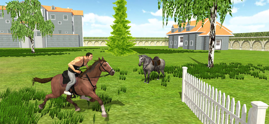 A character riding a horse in a green field with houses in the background