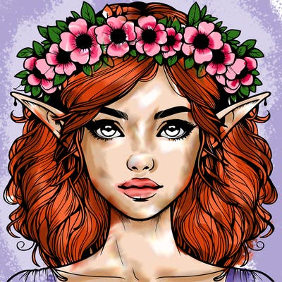 realistic female elf with flower crown