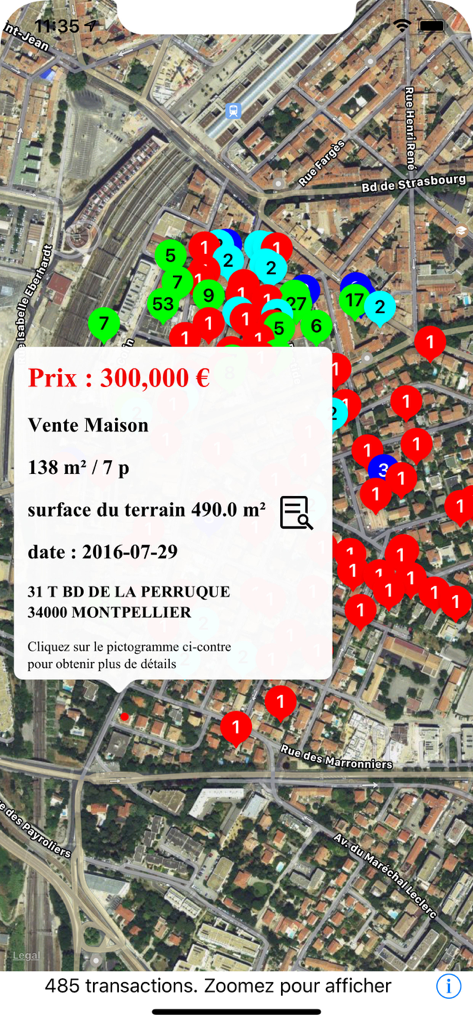 DVF - DVF app map interface showing real estate sales and property details in Montpellier France