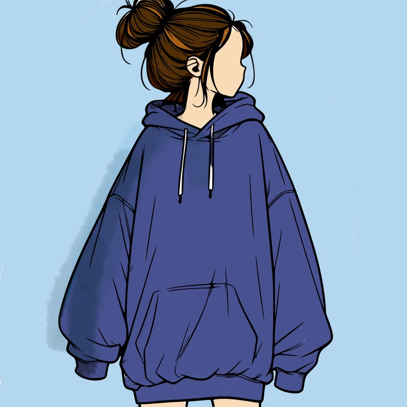 realistic girl with a oversized sweatshirt on and a bun