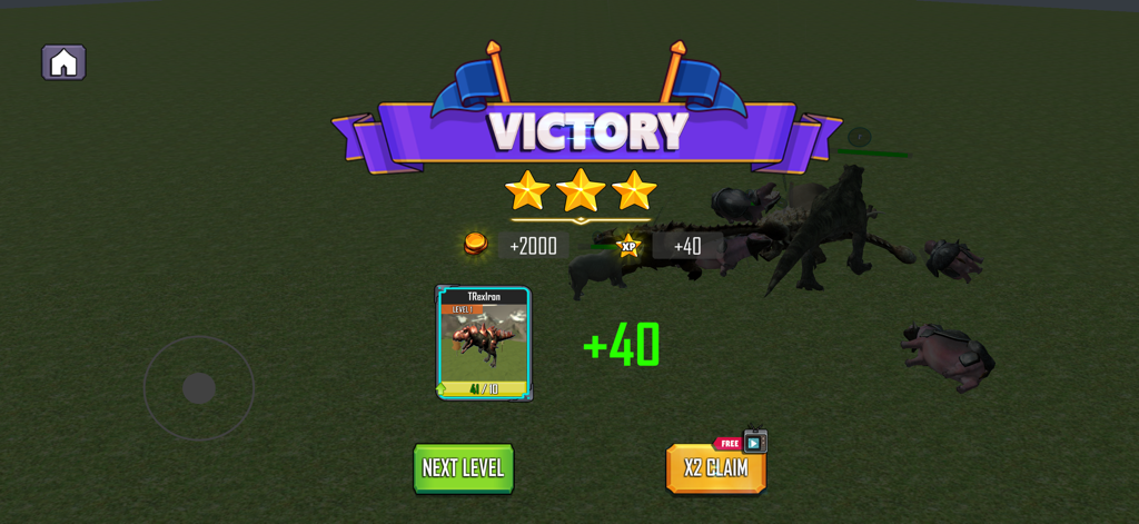 Siegbildschirm aus dem Animal battle ARBS Mobile Game mit verdienten Belohnungen, drei Sternen und einer T-Rex-Eisen-Einheitenkarte
