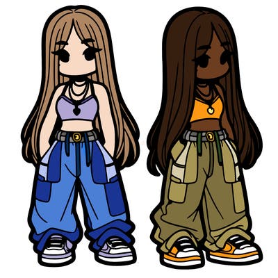 girl in baggy pants crop top and long hair