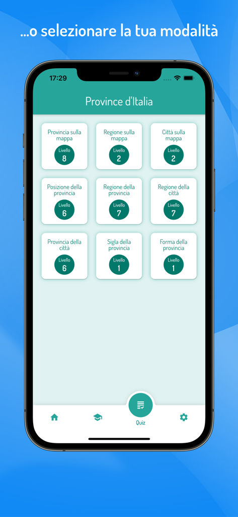 Menú principal de la aplicación de quiz Provincias de Italia mostrando varios modos de juego educativos como identificación de mapas y formas de provincias.