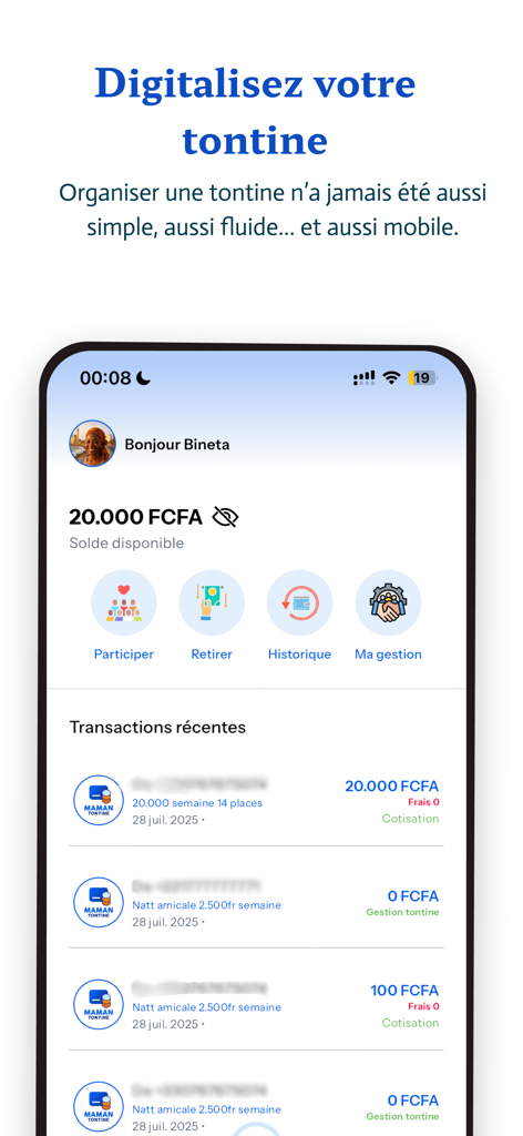 Maman Tontine - Maman Tontine mobile app home screen showing balance and recent transactions