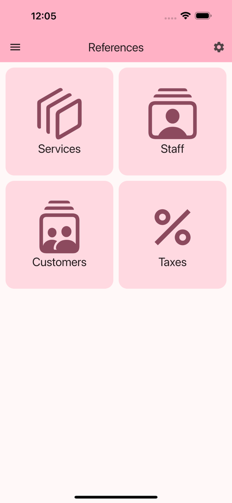 Menu de gestion de l'application Book-Me montrant les catégories de services, personnel, clients et taxes
