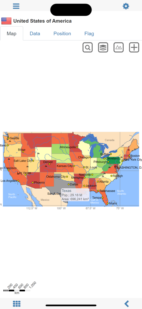 World atlas & map MxGeo Pro - A choropleth map of the United States with population and area data for Texas in the MxGeo Pro app