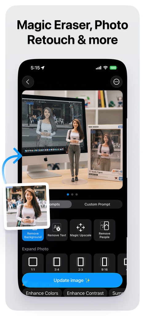 AI Photo Editor and Generator - Interface of the AI Photo Editor app showing magic eraser and background removal tools