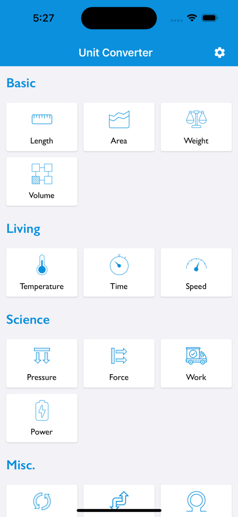 Digital scale to weight gram - Main menu of the Unit Converter app displaying categories for length weight temperature and science units
