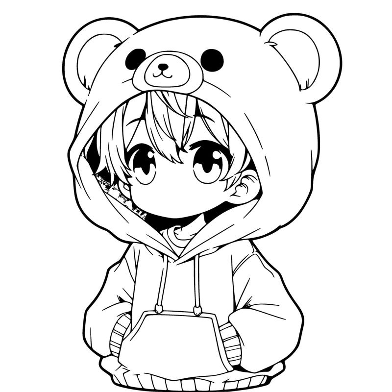 manga boy in a oversized bear hoodie