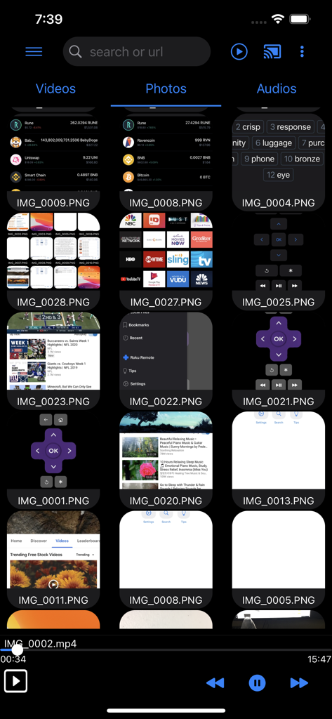 Castify: Cast Web Videos to TV - Interface of the Castify app showing a grid of local video, photo, and audio files ready to be cast to a TV.