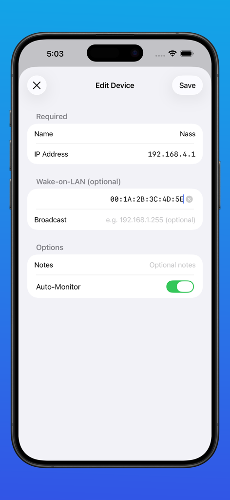 IP Monitoring Tool PingStation - Interfaz para editar detalles del dispositivo, incluyendo la dirección IP y la configuración de Wake-on-LAN en la aplicación PingStation