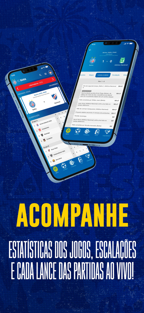 EC Bahia - Interfaz de la aplicación EC Bahia que muestra estadísticas de partidos en vivo, jugada por jugada y clasificaciones del torneo