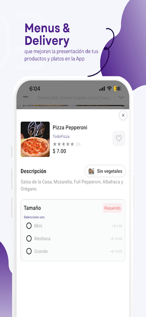 Interface do aplicativo Abut mostrando um menu de pedido de pizza de pepperoni com opções de tamanho e preços