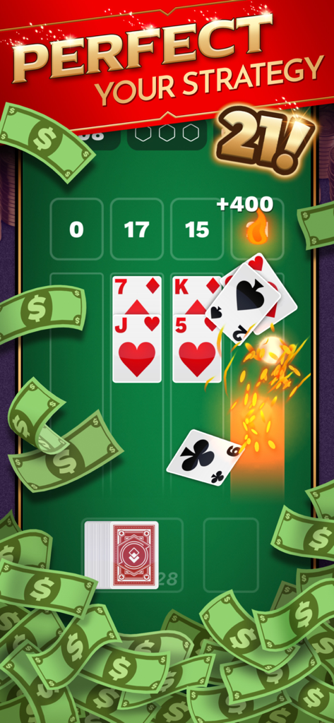 21 Blitz: Real Money Blackjack - Gameplay of 21 Blitz showing blackjack card stacks on a green table with flying dollar bills