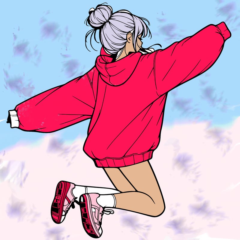 realistic girl jumping with a bun and oversized sweatshirt