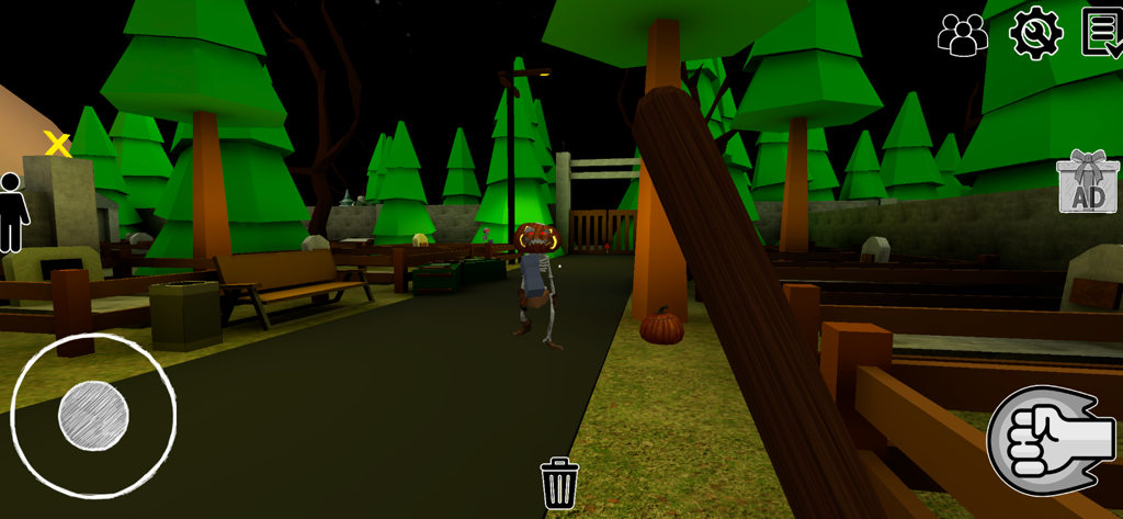 Grandpa And Granny Adventures - A first person view of a player facing a skeleton with a pumpkin head in a spooky park
