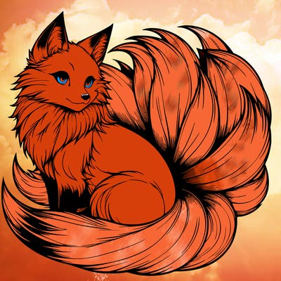 realistic detailed 9 tailed anime fox