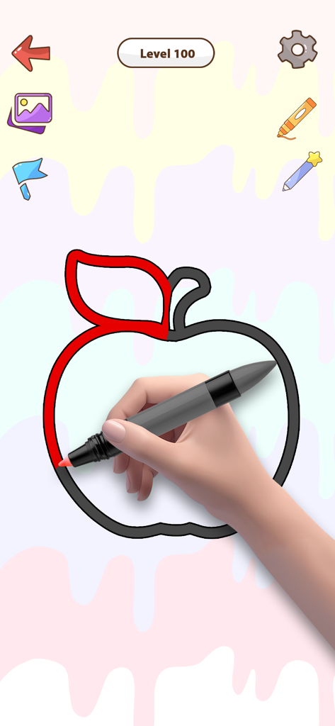 One Line Drawing:Draw It Games - Una mano dibujando el contorno de una manzana en un nivel de juego de puzzle