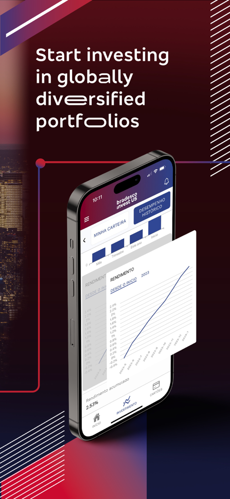 Bradesco Invest US - Bradesco Invest US mobile app displaying an investment performance chart and global diversification message