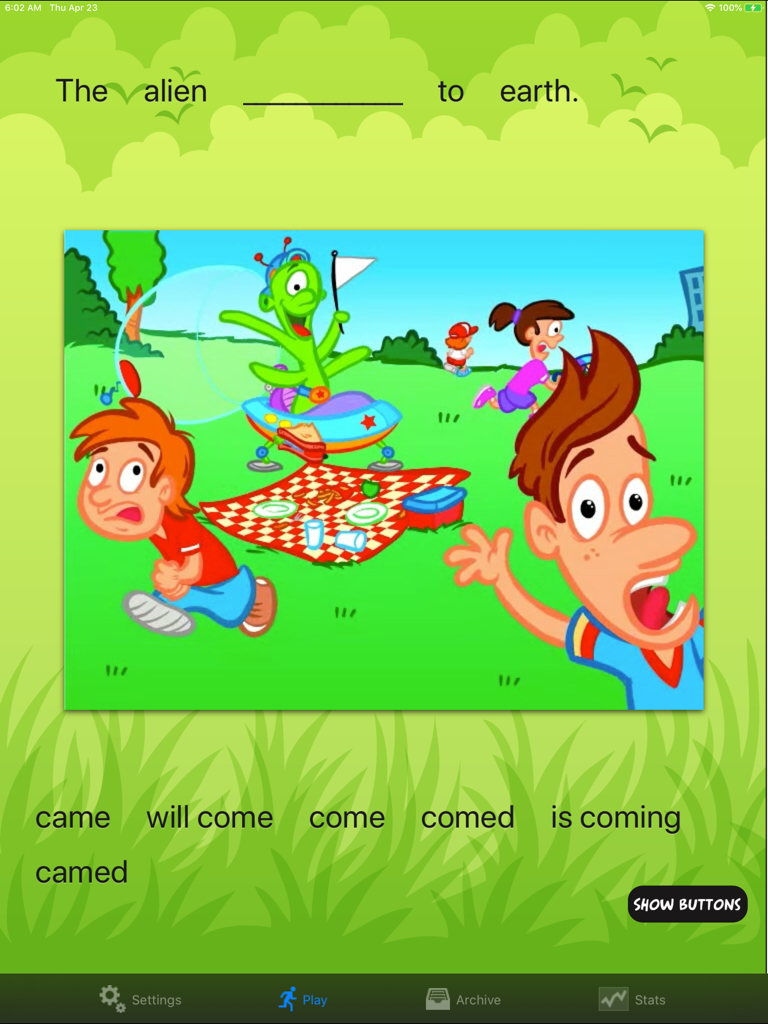 TenseBuilder - A screen from the TenseBuilder educational app showing an alien cartoon and multiple-choice options for past, present, and future tenses.