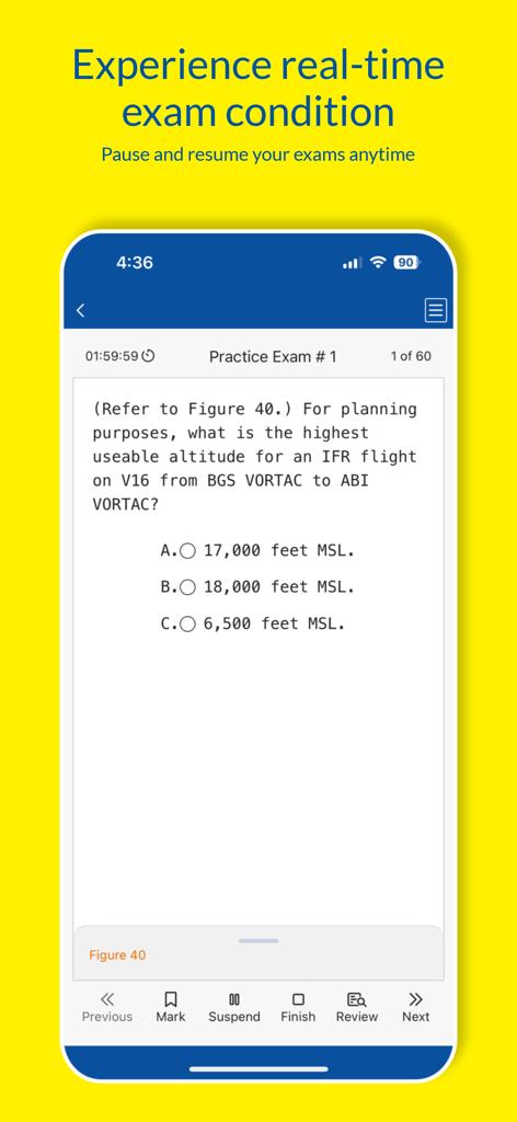 King Test Prep Companion - King Test Prep Companion app interface showing a simulated FAA pilot knowledge practice exam question