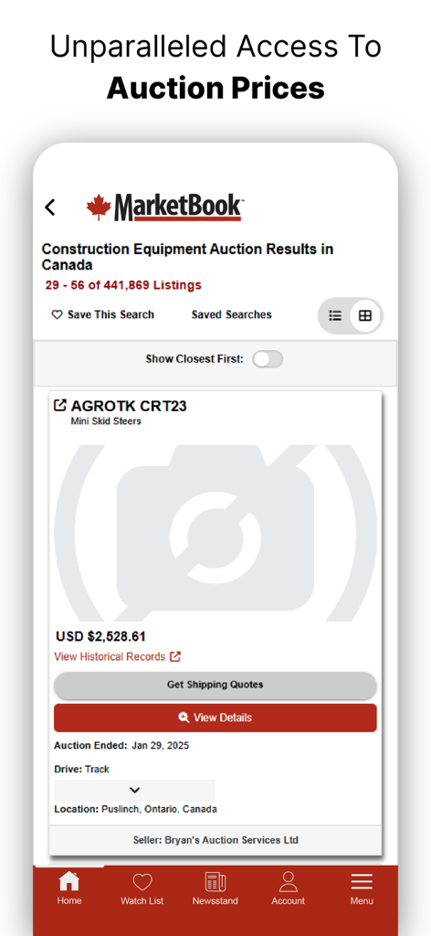 MarketBook - Aplicación MarketBook que muestra los resultados de subastas de equipos de construcción para un mini cargador en Canadá.