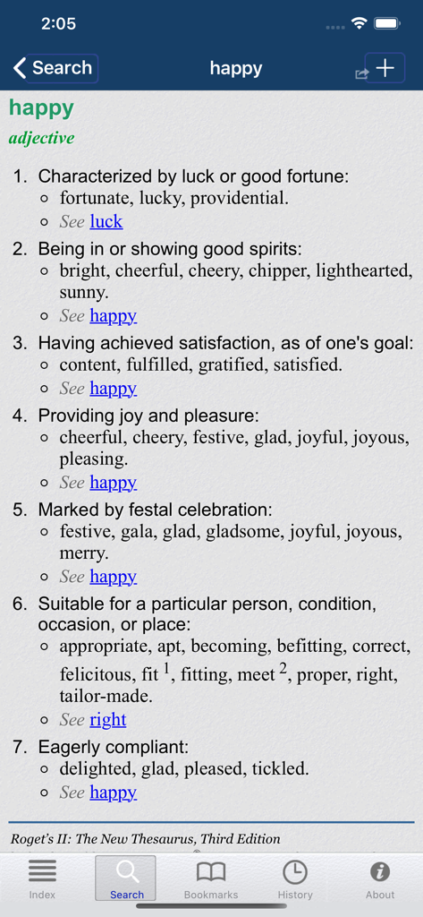 Roget's II: New Thesaurus - A screenshot of the Roget's II New Thesaurus app showing the definition and synonyms for the word happy.