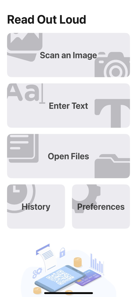 Menú principal de la aplicación lector de texto a voz con opciones para escanear una imagen, introducir texto y abrir archivos.