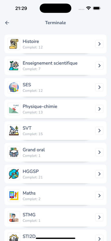 ReviseClasse : Brevet Bac Sup - Aplicação ReviseClasse mostrando uma lista de disciplinas para alunos do último ano do ensino secundário a preparar-se para o Bac francês