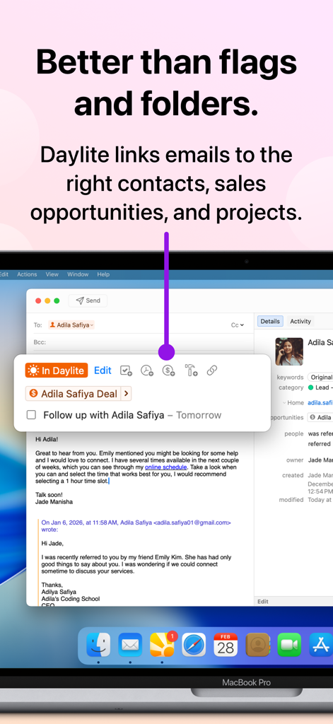 Daylite - Mail, Calendar, CRM - Daylite app on a MacBook Pro linking an email to a contact and a sales opportunity.