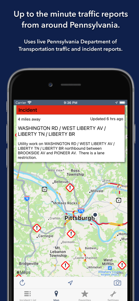 Traffic incident map of Pittsburgh shown on a mobile device