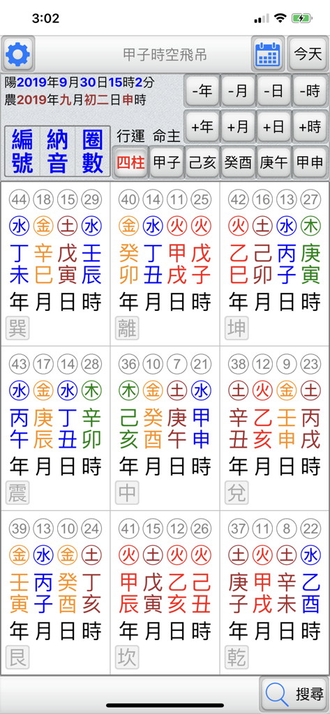 A professional calculation interface showing a nine-square grid with Chinese metaphysical pillars and elemental symbols for Feng Shui analysis.