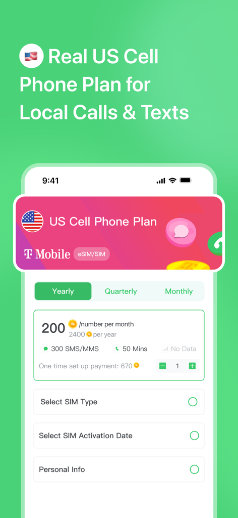 Textr Go: Personal Text & Call - Interface do aplicativo Textr Go mostrando opções para um plano de celular real dos EUA para chamadas e mensagens locais