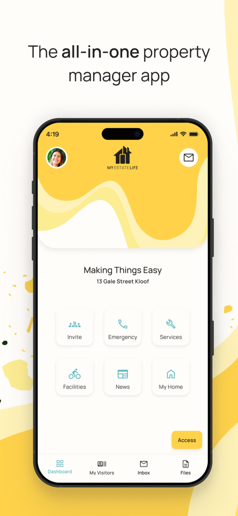 My Estate Life - The main dashboard of the My Estate Life app showing shortcuts for visitor invites, emergency contacts, services, facility bookings, and community news.
