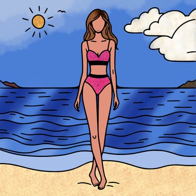 a skinny woman on the beach in front of the ocean wearing a tight two piece swimsuit