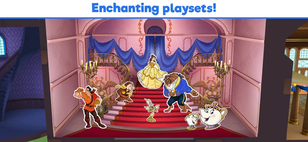 Beauty and the Beast characters on a 3D grand staircase playset in Disney Coloring World.