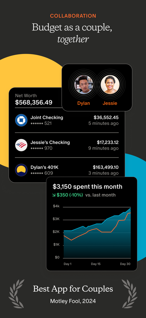 Monarch: Budget & Track Money - Monarch Money app interface showing shared financial tracking and budgeting for a couple