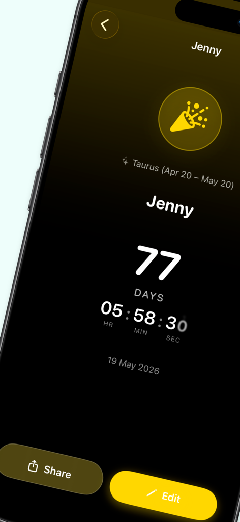Birthday Countdown Day Counter - Smartphone screen showing a 77 day countdown for a birthday with a Taurus zodiac sign icon