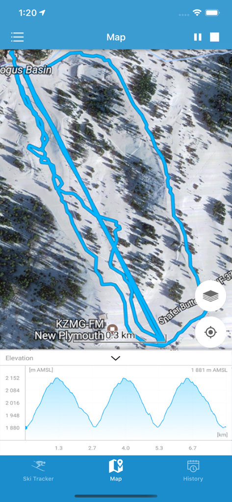 EXA SKI Tracker Premium Gold - Satellite map view with blue ski tracks and elevation graph in the EXA SKI Tracker Premium Gold app.