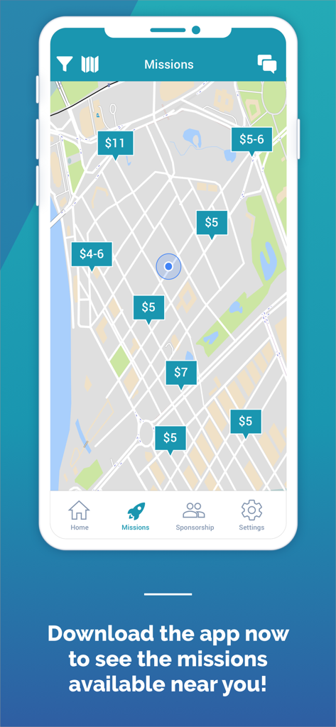 BeMyEye - Earn money - Vista mappa dell'interfaccia dell'app BeMyEye che mostra le missioni retribuite disponibili con gli importi in dollari