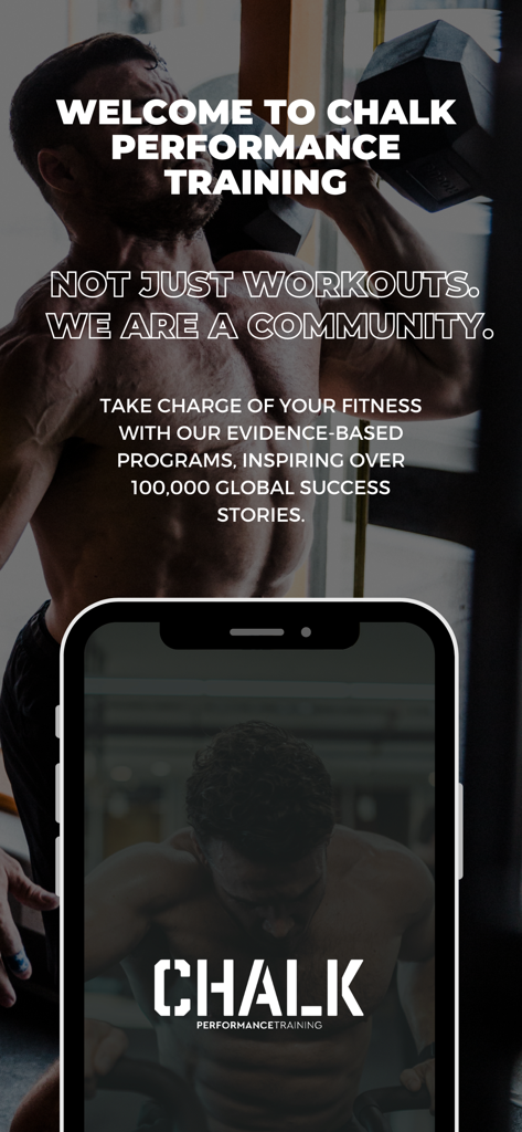 Welcome screen of the Chalk Performance Training app featuring a muscular athlete and fitness community messaging